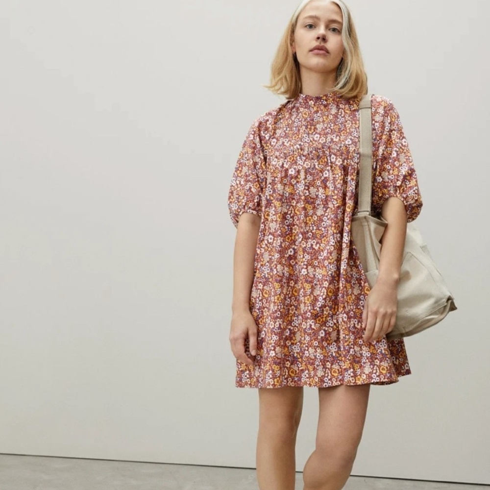 Everlane Shirred Yoke Mini Dress Women Sz Small Brown Multicolored Floral Ditsy